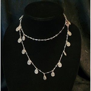 Vintage Trifari Silver Tone w/ Marcasite Dangle Teardrop Long Necklace 34"